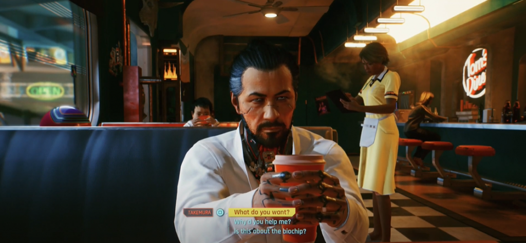 Cyberpunk 2077 sitting in diner with Goro Takamura with waitress in the back