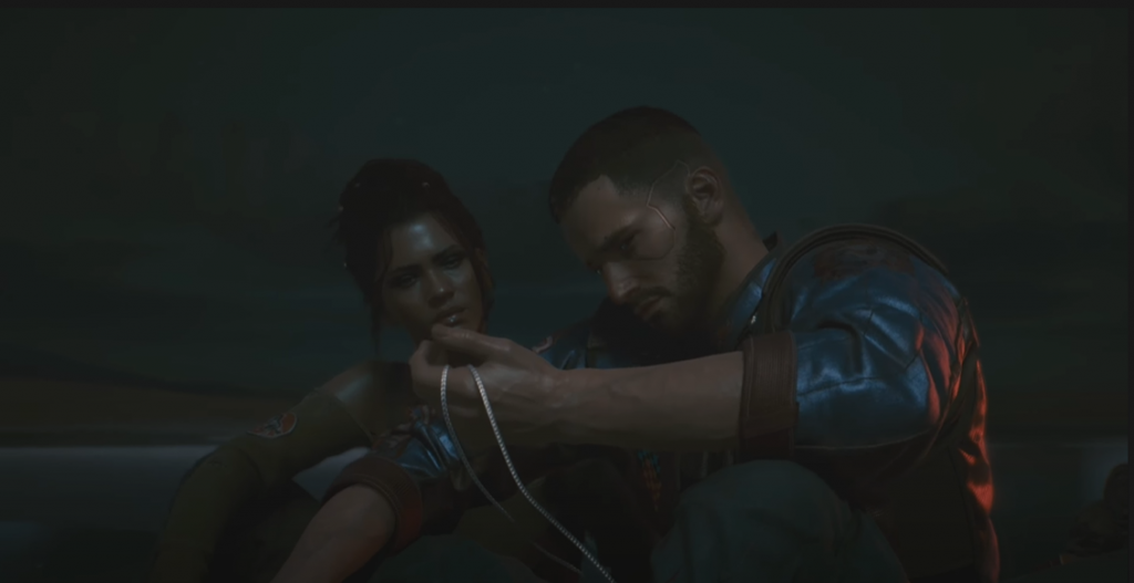 Cyberpunk 2077 V holding Jackie's necklace on top of the tank next to Panam