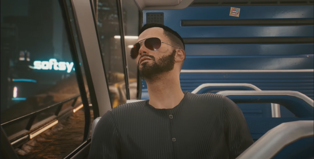 Cyberpunk 2077 Johnny Silverhand in V's body sitting on a bus with shades on