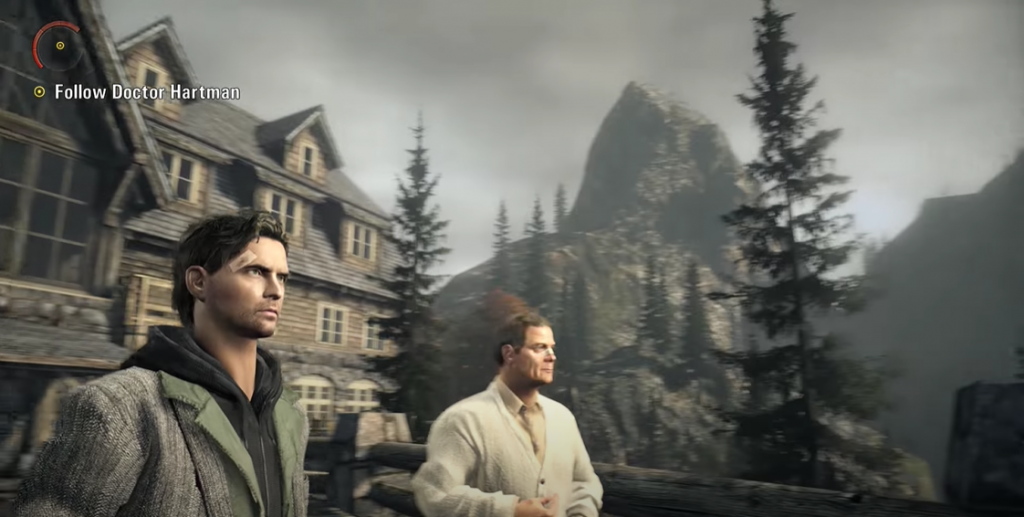 Alan Wake next to Dr Hartman behind his clinic with the trees and mountains in the background