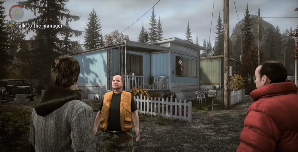 Alan Wake next to Barry talking to the trailer park manager with the trailers in the background
