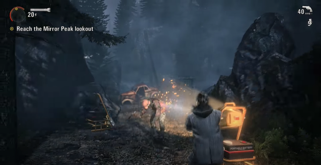 Alan wake using a construction light to blind the shadow people and shooting them with a revolver