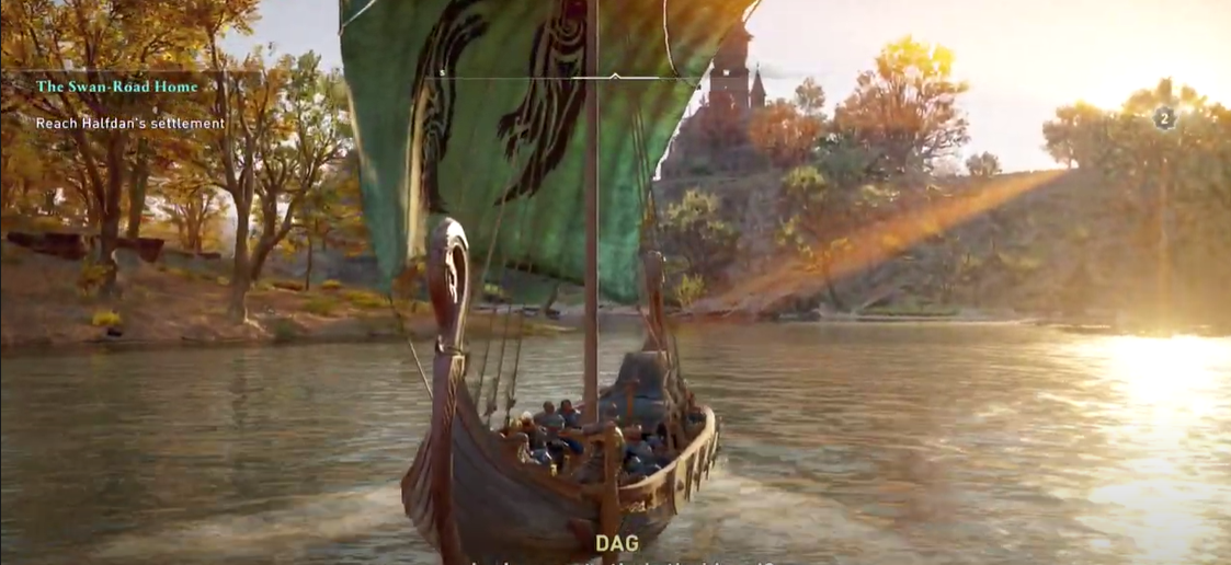 Assassin's Creed Valhalla sailing down a river in England with Eivor's longboat and crew
