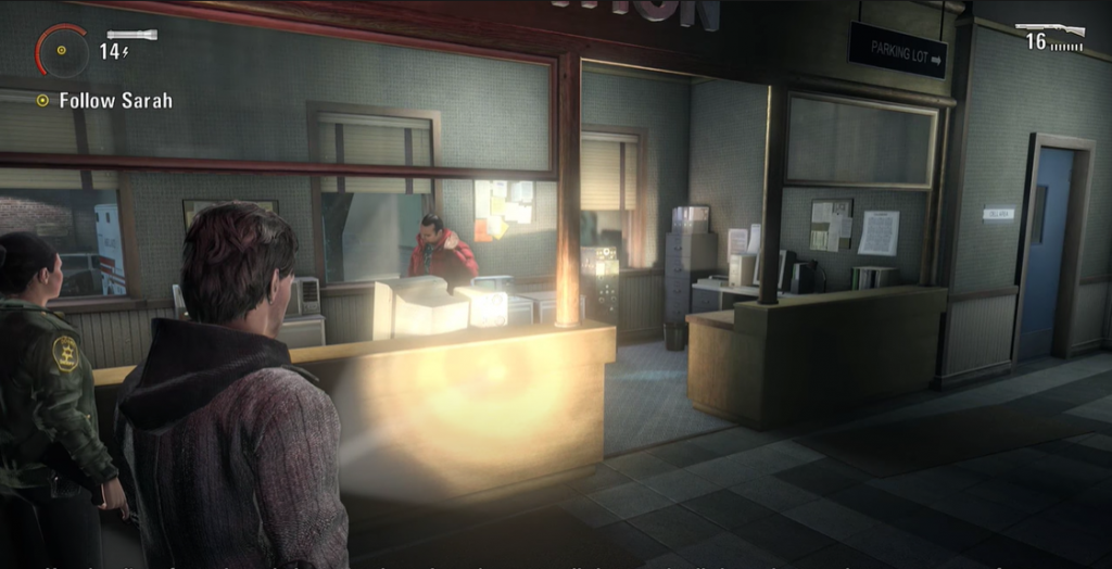 Alan Wake with the sheriff and Barry inside the police station