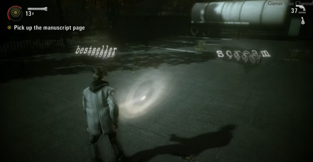 Alan Wake words bestseller and scream floating in the air with Wake shining a light on them 