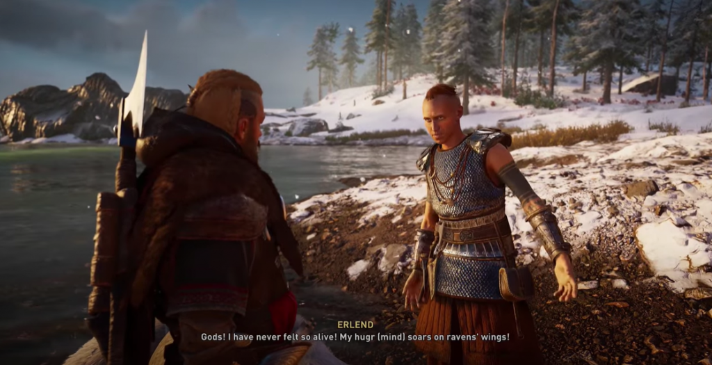 Assassin's Creed Valhalla game Eivor talking to Erlend near the water in the snow
