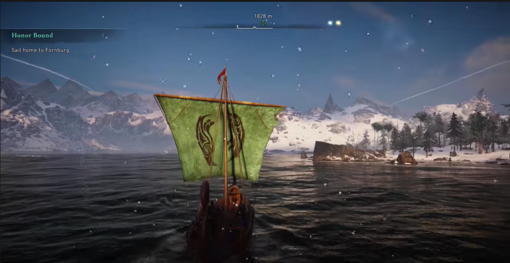 Assassin's Creed Valhalla Eivor's longboat traveling through the ice waters with snow peaks