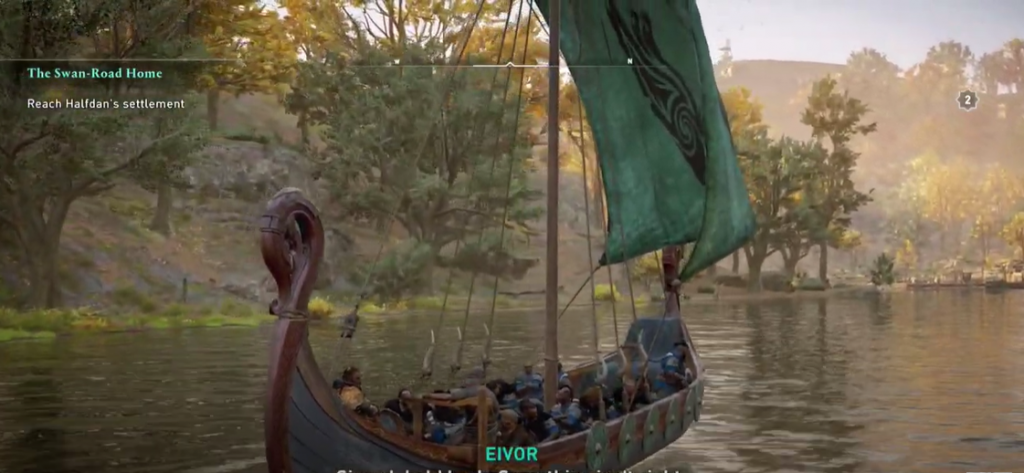 Assassin's Creed Valhalla England sailing down a river with Eivor's longboat