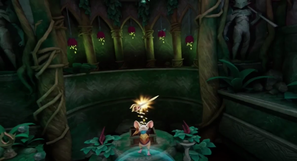 Moss VR Quill acquiring the magical sword that hovers over his head with a chest behind him in the twilight garden