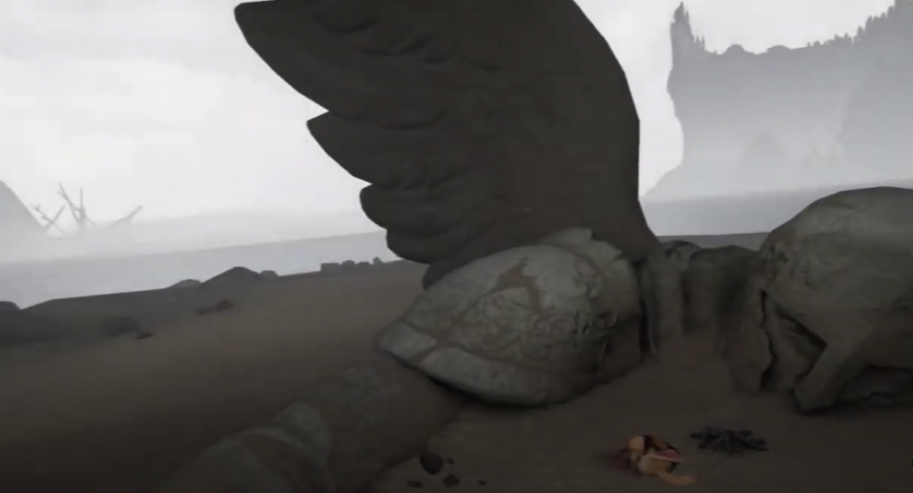 Moss VR Quill sleeping on the sandy beach next to a camp fire with a winged statue in the sand behind him and castle in the background