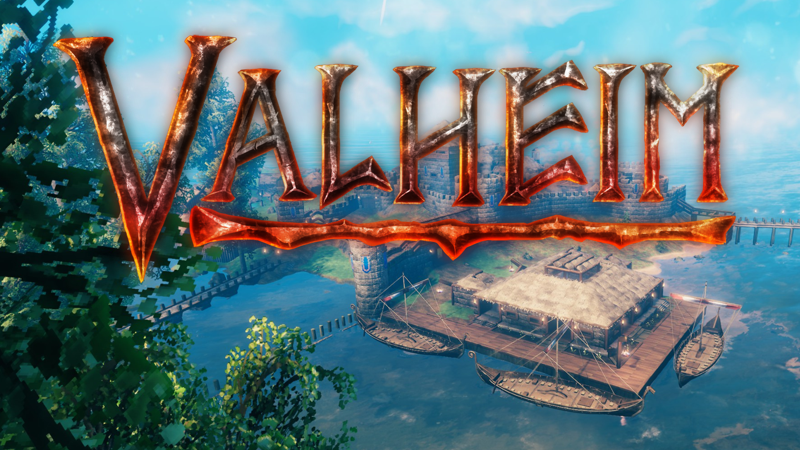 Valheim Game Logo with fire red letters with trees and longhouse in the back