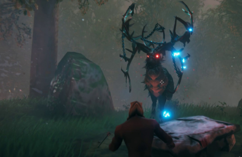 Valheim Eikthyr the first boss stag with glowing eyes and lighting horns
