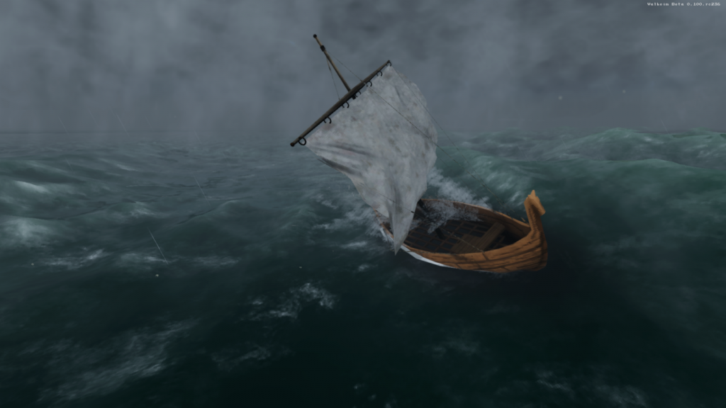 Valheim gameplay Viking longbout sailing through stormy seas