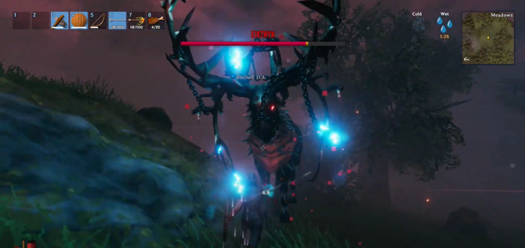Valheim Eikthyr the first boss a giant stag with glowing red eyes and lighting horns