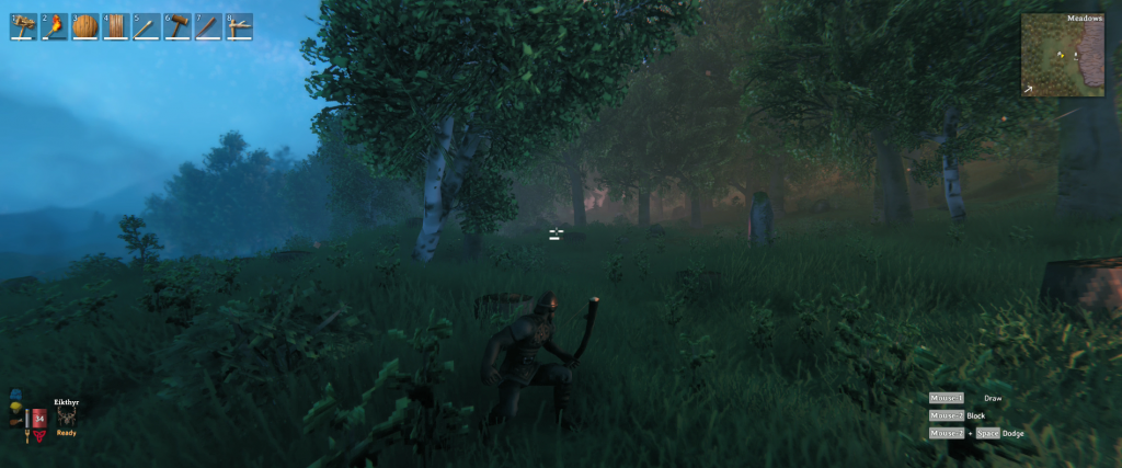 Valheim sneaking in the grass of the meadow with the bow near a the forest