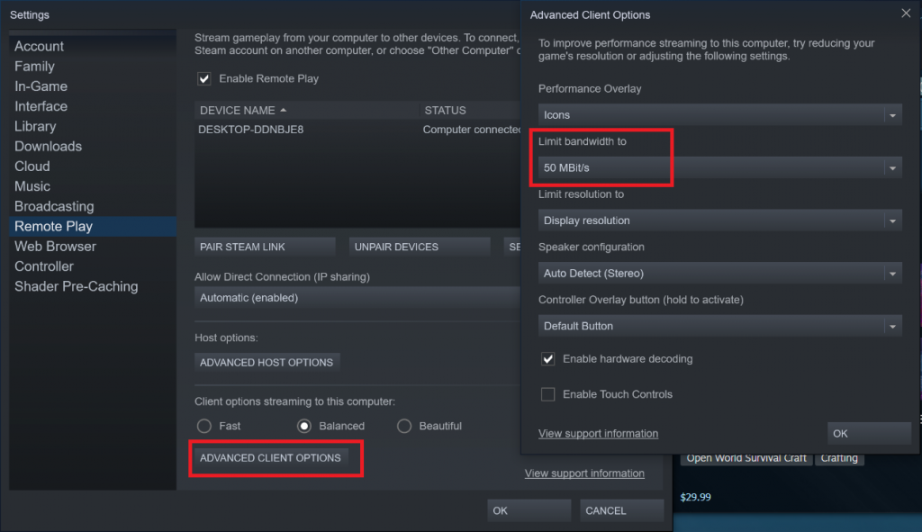 Steam Remote Play streaming fixed through settings changing advanced client options bandwidth limitation to 50Mbit/s