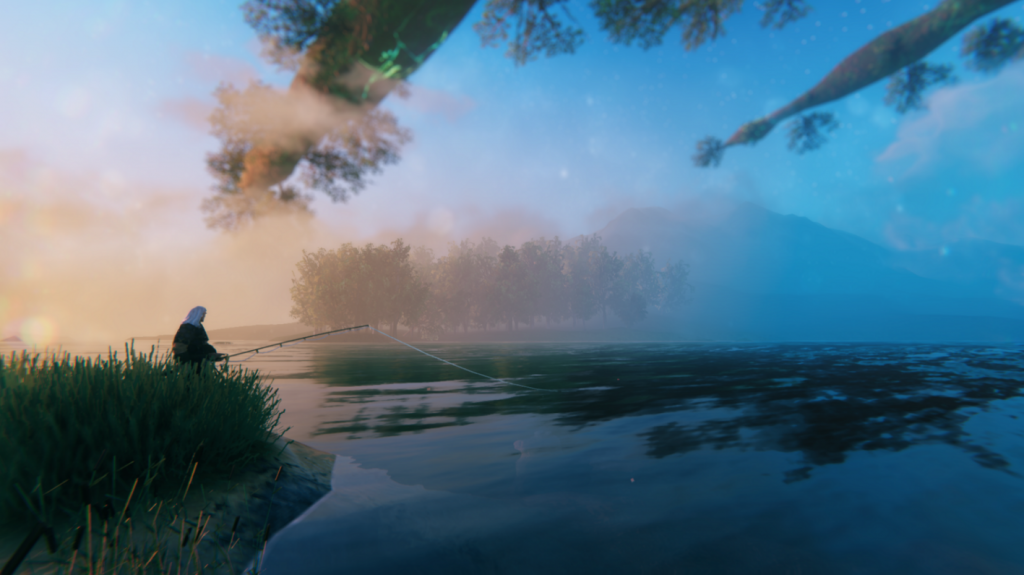 Valheim viking fishing with the sun rising and trees reflecting on the water