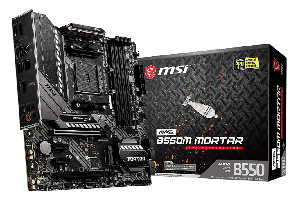 MSI MAG B550M Mortar Gaming Motherboard (AMD AM4, DDR4, PCIe 4.0, SATA 6Gb/s, M.2, USB 3.2 Gen 2, HDMI/DP, Micro-ATX, AMD Ryzen 5000 Series Processors)