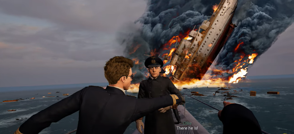 Medal of Honor VR Above and Beyond Ollie point at Muller in the water while on a Nazi submarine with the boat on fire and sinking titanic style