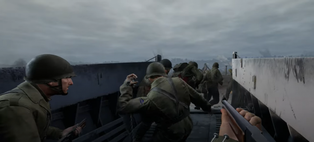 Medal of Honor VR Above and Beyond soldiers rushing out of a higgins boat onto Omaha beach.