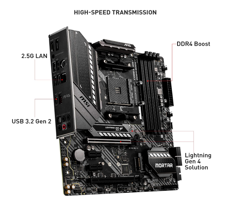 MSI MAG B550M Mortar Gaming Motherboard high-speed transmission, 2.5G LAN, DDR4 boost, USB 3.2 Gen 2 and lightning gen 4 solution