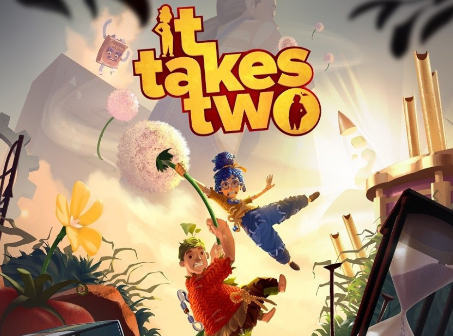 It Takes Two Coop Game Logo with two dolls hanging onto a flower