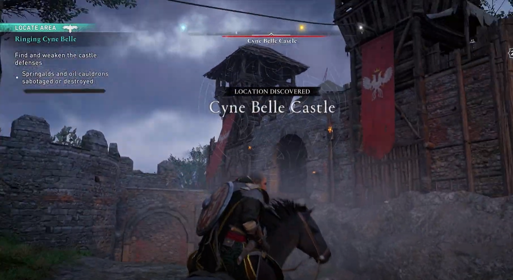 AC Valhalla Alliances Cyne Belle castle with Eivor on horse in front of it