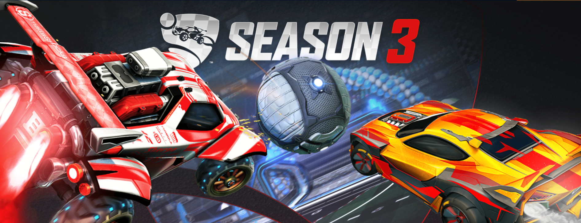 Rocket League game season 3 logo with cars hitting the metal