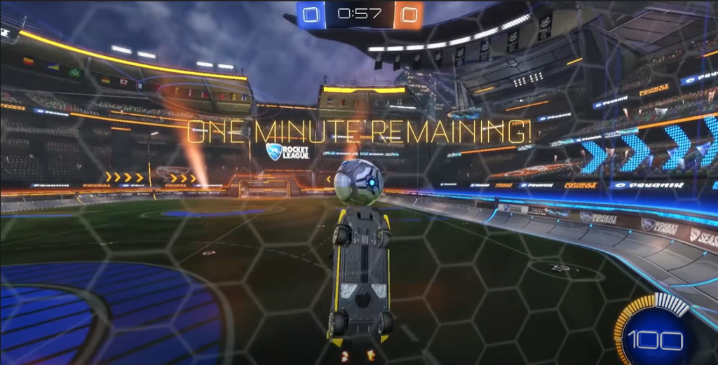 Rocket League game Lambo wall shot with one minute remaining
