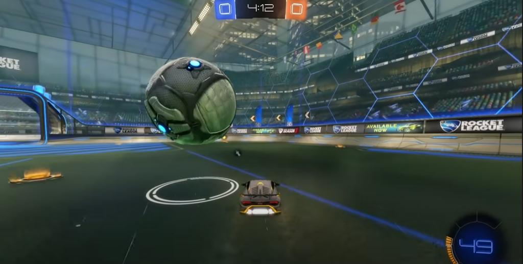Rocket League gameplay with the Lamborghini in position for a shot