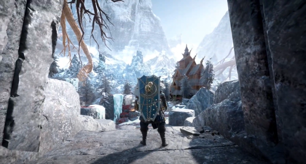 AC Valhalla Eivor walking out the door to the icy vistas of Jotunheim