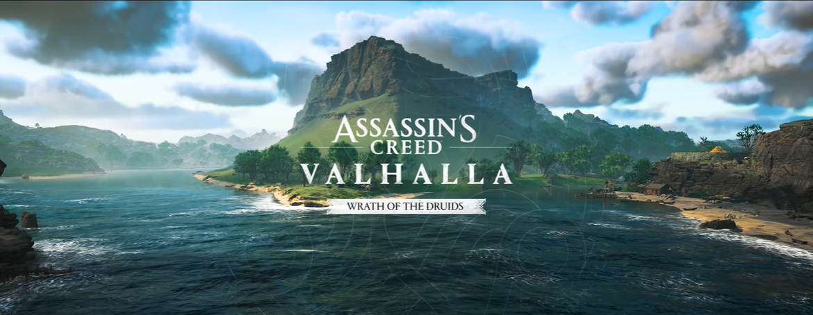 Assassin's Creed Valhalla Wrath of the Druids DLC logo with Ireland in the background