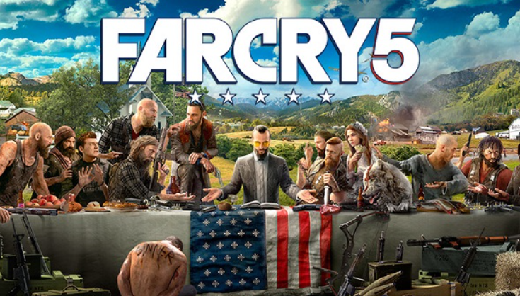 Far Cry 5 logo with Joseph Seed's family sitting for a last supper style photo at an American flag table