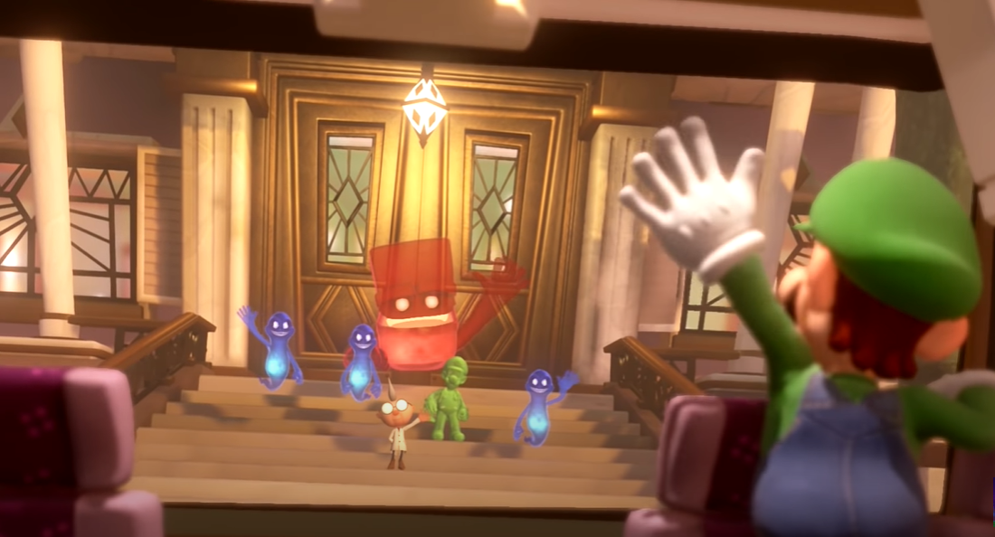 Luigi's Mansion 3 game Luigi waving goodbye to the ghosts at the hotel from his bus