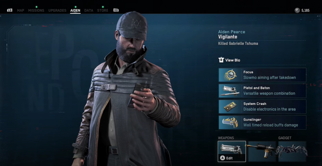 Watch Dogs Legion Bloodline Aiden Pearce with his hat and trench coat next to his skills