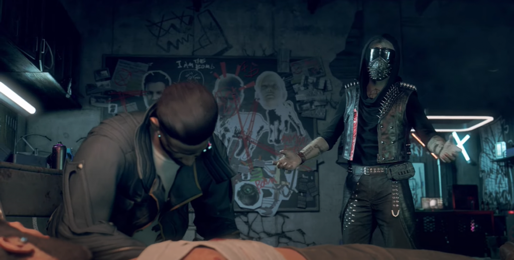 Watch Dogs Bloodline DLC Wrench in his spike leather jacket with LED mask next to Aiden and Jackson Pearce