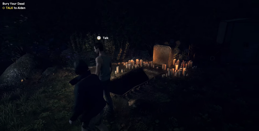 Watch dogs legion bloodline DLC Aiden Pearce coma dream of his grave with candles next to it