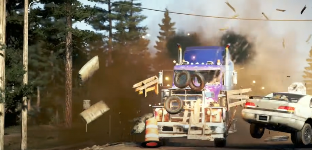 Far Cry 5 Widowmaker Truck busting through a peggie roadblock