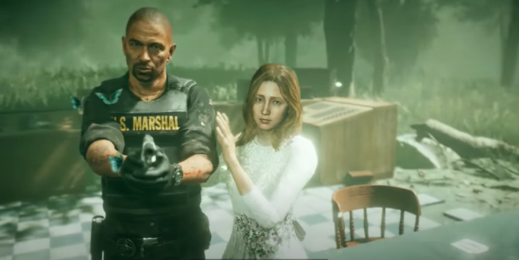 Far Cry 5 Faith Seed guiding the Marshall while he holds a gun in the prison