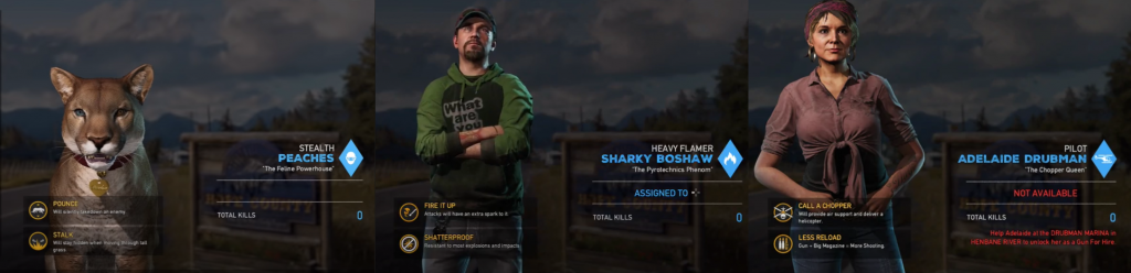 Far Cry 5 stats page for specialists Peaches the mountain lion, Sharky Boshaw the heavy flamer and Adelaide Drubman the helicopter pilot
