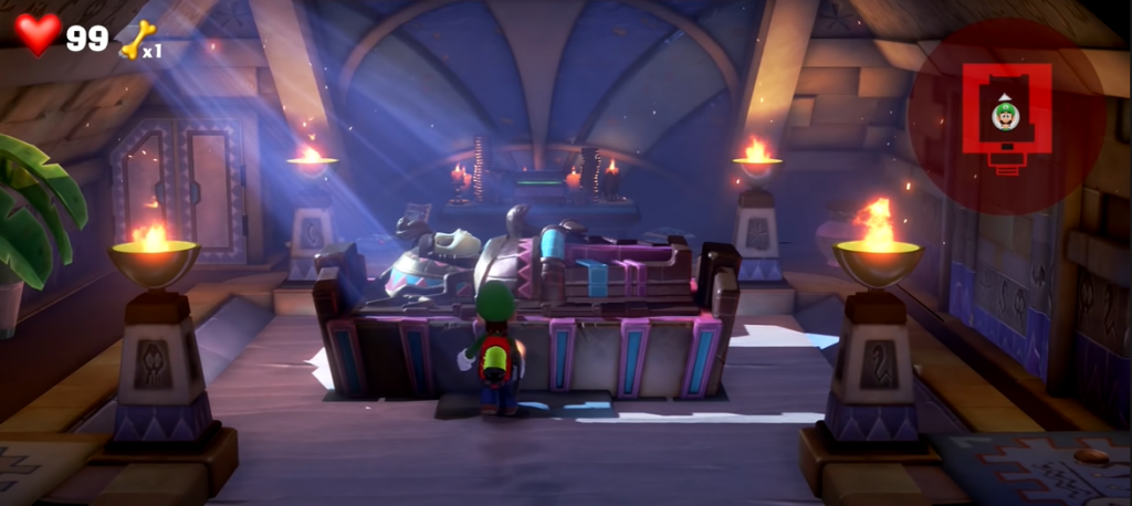 Luigi's Mansion 3 game ghost Cleopatra sarcophagus with fire at 4 corners in the tomb suites
