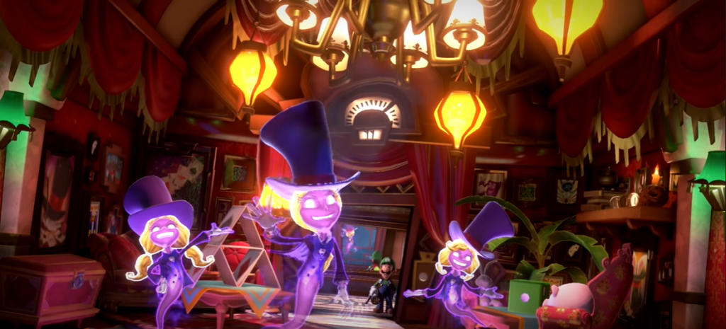 Luigi's Mansion 3 game twisted suites floor with Luigi looking at the 3 ghost magicians wearing their top hats