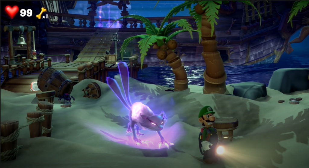 Luigi's Mansion 3 game Polterkitty ghost cat stalking Luigi on the pirate beach