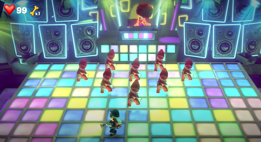 Luigi's Mansion 3 dance floor colored tiles with ghost dance crew, ghost DJ and large speakers on the wall