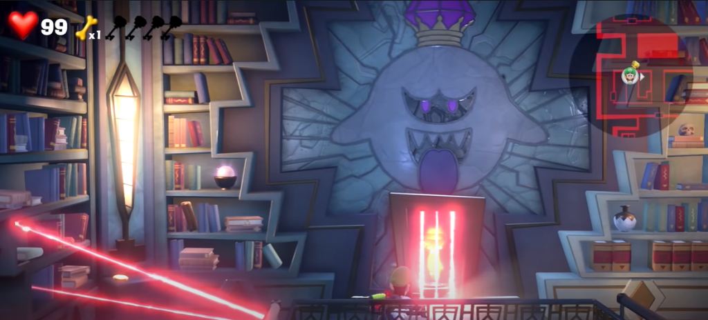Luigi's Mansion 3 master suites study with portrait of Big boo on the wall, books on shelves and motion lasers