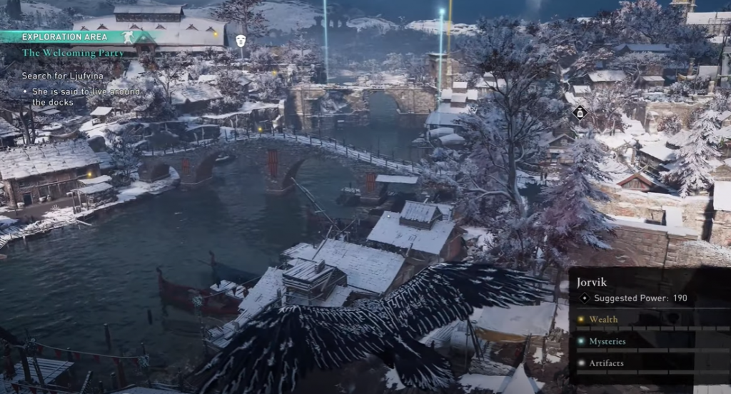 AC Valhalla Jorvik snow docks with raven flying over