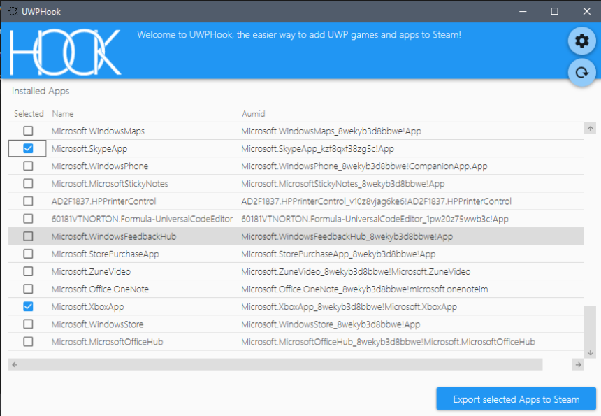 UWPHook game and app list with export selected apps to steam button