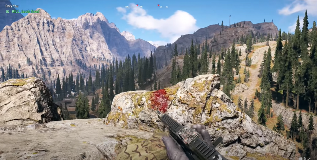 Far Cry 5 Killing Jacob Seed in front of mountains and trees