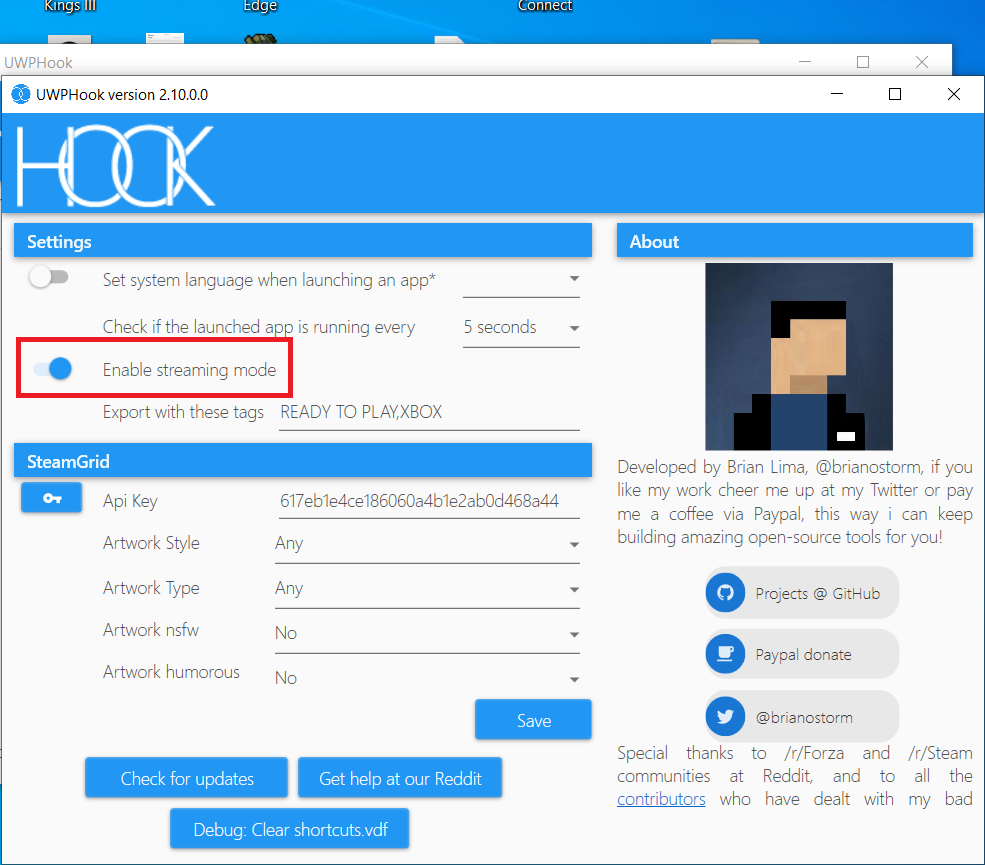 UWPHook Setting menu showing off the Streaming option turned on