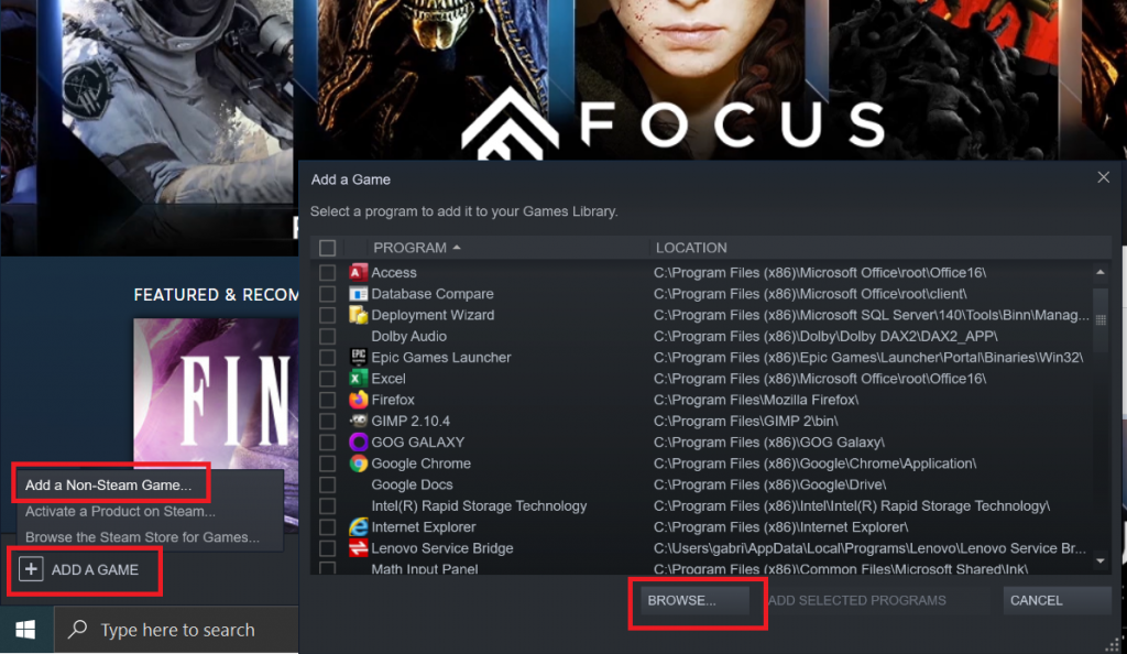 Steam Add a Non-Steam game feature with browser window